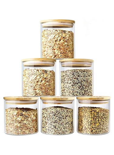 Glass Storage Jar with Bamboo Lids,Glass Airtight Canisters sets,Spice Jar, Pantry Organization and Storage Containers Ideal for Sugar, Coffee, Cookie, Candy,Cereals (700ml/24.6 oz, Set of 6)