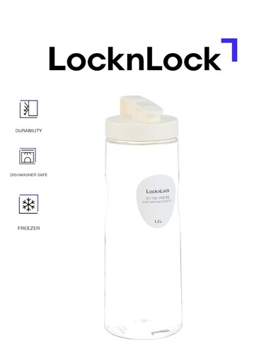 &amp; LOCK LocknLock 1.5L Easy Grip Water Bottle - White, Transparent with Detachable Lid for Fridge and Tabletop Use