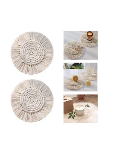 with Tassels, for Drinks cup, Absorbent Woven Handmade Bohemian, Coffee Aromatherapy Decor Heat Protection Mat, for Home, Office, Coffee Wooden Table, Table Decor (Cream 2Pcs)