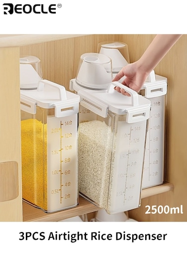 3pcs 2.5L Airtight Rice Dispenser Large Capacity Cereal Storage Container with Flip Top Lid Moisture Proof Insect Resistant Kitchen Organization Pantry Essentials