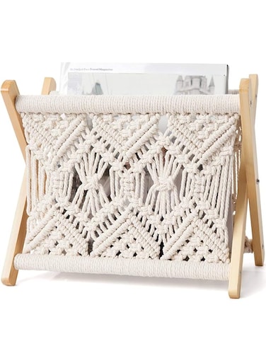 Mkouo Macrame Magazine Rack Small Boho Magazine Holder Storage Basket Standing Rack for Books, Newspapers, Notebook, Swaddle Blanket, Living Room, Bathroom, Office, Nursery, Rustic Boho Home Decor