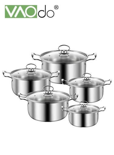 10 PCS Stainless Steel Cooking Pot Set with Tempered Glass Lid and Double Handles Compatible with Induction Electric Gas Cooktops Cookware Set