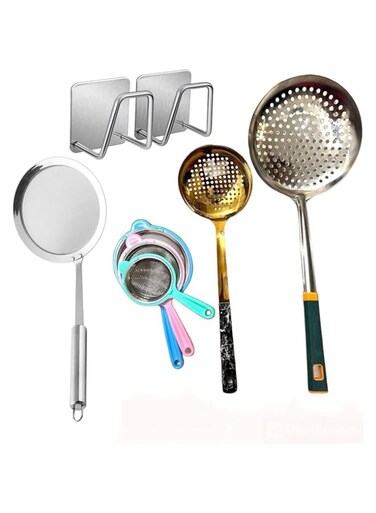 Premium Strainers Set of 8, Stainless Steel, Ladle for Cooking and Frying, Glowd Kitchen Gadgets Wire Strainer Pasta Strainer SpoonFine Mesh Colander. Sieve,Cooking, baking,tea strainer, Spider Str