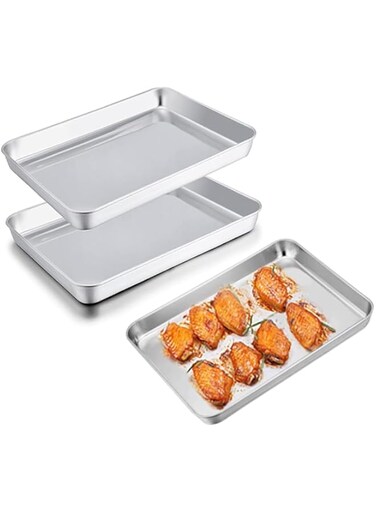 Azonee Toaster Oven Pans, 9.3'' x 7'' x 1'' Stainless Steel Compact Toaster Oven Tray Ovenware, Heavy Duty &amp; Rust Free, Superior Mirror Finish Easy Clean, Dishwasher Safe-2 PCS