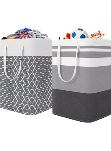 2 Pack Laundry Basket Large Laundry Ba Hamper Cotton Waterproof Clothes Basket,Toy Storage with Easy Carry Handles,Collapsible,Freestanding,75L (Grey)