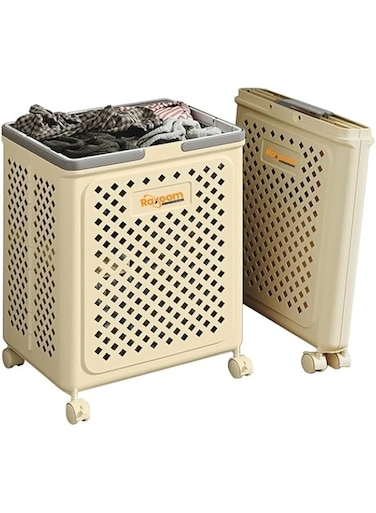 Raxoom Foldable Laundry Basket with 4 Wheels for Dirty Clothes   Modern Design with Upto 50L Storage Capacity   Multi-Purpose Organizer and Easy to Use   36 x 28 x 49 cm (Large, Cream)
