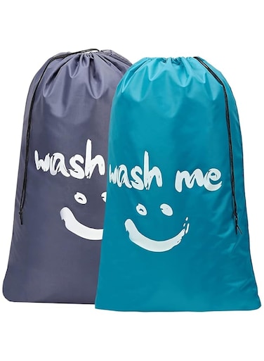 2-Pack Wash Me Laundry Bags, Extra Large 100x69cm Machine Washable Travel Dirty Clothes Storage Organizer Basket Drawstring Closure (Blue/Grey)