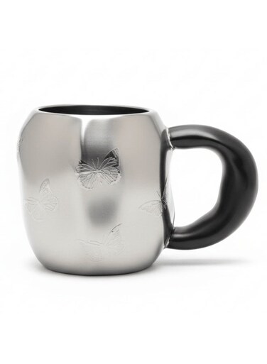 Designer Ceramic Mug 400 ml Modern Silver and Black Color Combination with Artistic Butterfly Print for Daily Tea and Coffee Use
