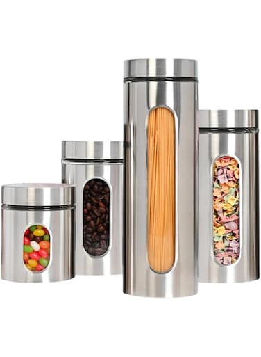 JS Gourmet 4 Pcs Stainless Steel Canisters Set for Kitchen with Glass Window and Airtight Lid, Perfect for Storing Coffee, Spaghetti, Sugar, Beans and Dry Ingredients (Silver)