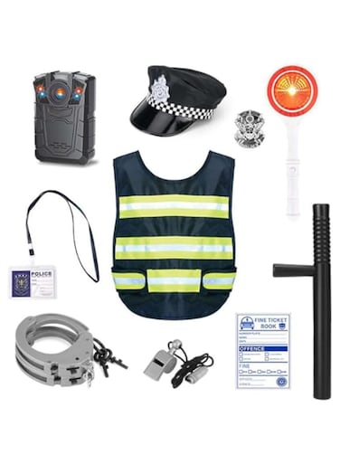 AMERTEER Police Officer Costume For Kids, Complete Role Play Kit With Police Badge, Handcuffs, Flashlight, Perfect For Kids Policeman Dress, Ideal For Halloween, Birthday Parties, and Pretend Play