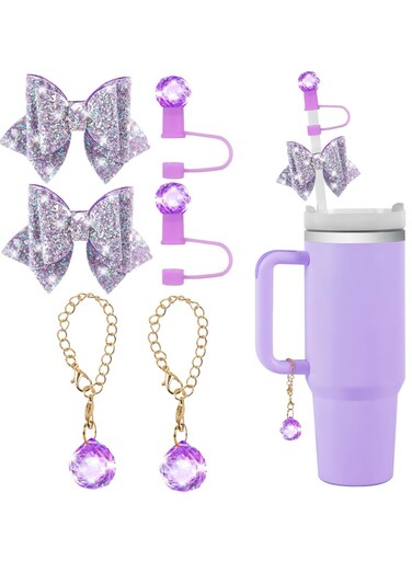 Purple Bling Straw Cover for Stanley Cup Accessories, Sparkling Crystal Toppers, Cute Bow Ties and Crystal Prism Chain Charms for 30 Or 40 0z Tumbler with Handle,10mm 0.4in Straw Lid Cap