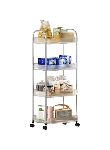 Fohome Clear Rolling Utility Cart, Acrylic Clear Mobile Storage Cart, Multifunction Storage Organizer Shelves with 4 Baskets, Shelving Unit Cart for Kitchen, Bathroom, Bedroom (4 Tier)