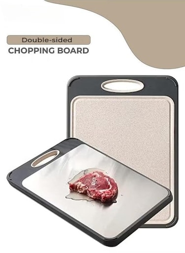 Double-sided Cutting Board with Easy-Grip Handles, Non-Slip Support, Wheat Straw PP Stainless Steel Chopping Surface for Meat, Vegetables Fish and Fruit, Easy to Clean, Grey, 40x 27 x 1.4cm