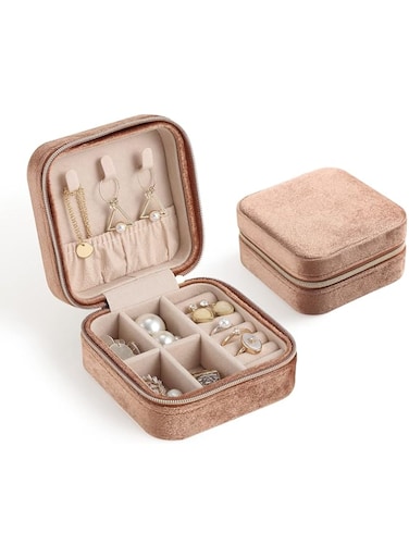 CASEGRACE Plush Velvet Travel Jewelry Case Small Jewelry Box for Women, Travel Jewelry Organizer for Necklace Earrings Storage, Brown