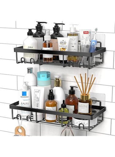Shower caddy shelf organization shelf, no drill self adhesive black bathroom shelf basket, home farmhouse wall shower interior organization, shower shelf for inside shower and kitchen storage