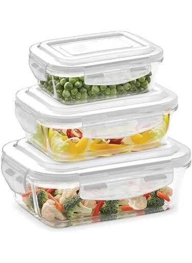 Sky-Touch 3Pcs Glass Storage Containers : Airtight Bento Boxes Set With Leak Proof Locking Lids Microwave Safe Glass Crisper For Home Office Kitchen Camping Meal Prep Storage