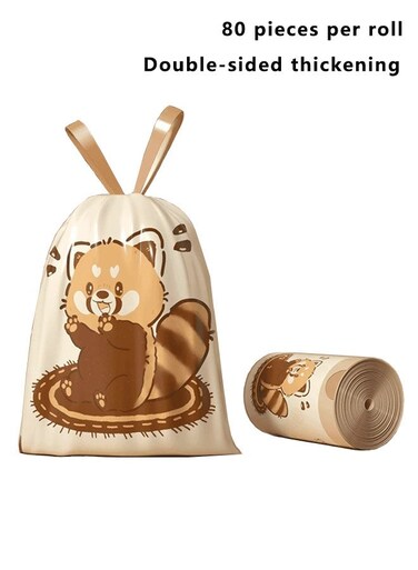Household garbage bags, 80 bags per roll, double-layered, portable kitchen large plastic bags with raccoon print, 45x50cm