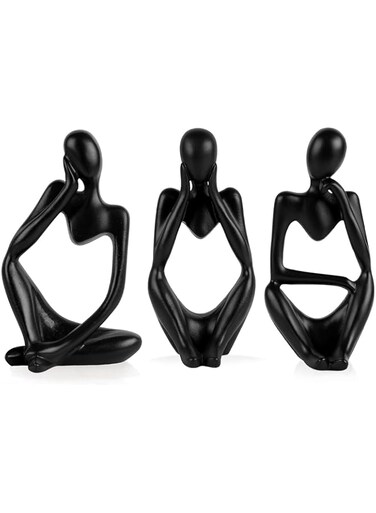 Khazna Abstract Sculpture The Thinker Statue Resin Statues for Home Decor Modern Home Office Desktop Shelf Bookshelf Decor Set of 3 (Small-Black)