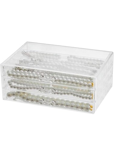 Paporich Necklace Box Necklace Holder Organizer, Clear Necklace Display Jewelry Tray with Transparent Lid Jewelry Display Box for Necklace (Clear White, 3 Drawer 18 Girds)