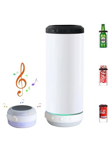Sublimation Skinny Can Cooler Sublimation Can Cooler with Speaker 4 in 1 16oz Straight Music Can Cooler Insulated Speaker Cup Can Cooler with Detachable Led Light for Summer Beach Party