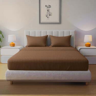 MUSA Striped 3 Piece Fitted Sheet Set Twin Size - Hotel Quality Fitted Sheet &amp; Pillowcases in Brown