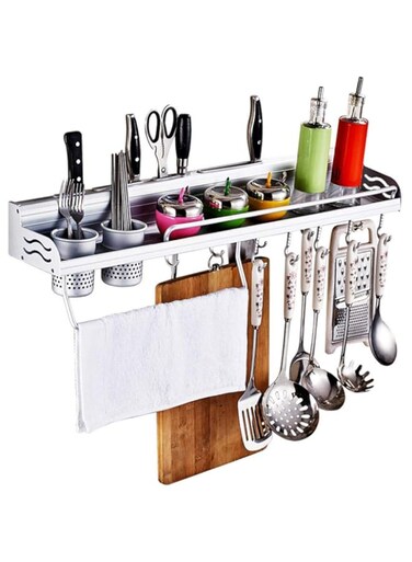 FOONEE Kitchen Wall Pot Rack, Punch-free Multi-function Storage Kitchen Utensil Rack, Aluminum Wall Hanging Shelf Cookware Organizer Wall Mounted Pot Pan Rack, Cutlery Cooking Knife Mugs Holder