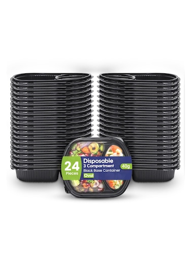 Packing Disposable 24 Pack Oval Black Base Meal Prep Containers with Lids - 3 Compartment, Microwave, Freezer &amp; Dishwasher Safe, Leak-Proof Food Storage Boxes