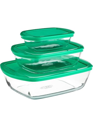 Pyrex Cook&amp;Store Set of 3 Rectangular Dishes with Green Lids - Versatile and Durable Storage Solution