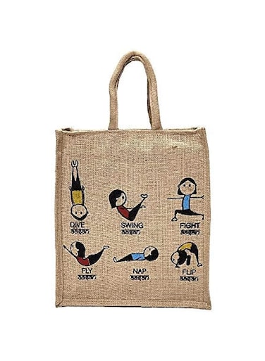 GRAND JHAIJI Inner Vinyl Lining JUTE Bags for Shopping - YOGA PRINT DESIGN -, Multicolour, free size