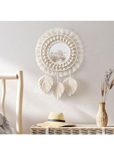 Hanging Wall Mirror-Boho Macrame Fringe Round Decorative Mirror with Wood Beads Feather Pendant，Art Ornament for Apartment Home Bedroom Living Room
