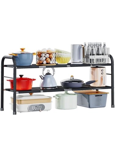 U-HOOME Expandable Kitchen Cabinet Shelf Organizers, Stackable Metal Pantry Storage Shelves Rack, Adjustable Counter Shelf for Cabinets, Countertop, Cupboard Organizers and Storage, Black (Two Layer)