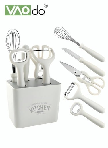 6PCS Cooking Tools Set Kitchen Cooking Utensil with Holder Collection for Peeler Spatula Spoon Brush Whisk White