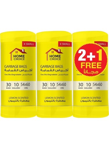 CHOICE 10 Gallons Scented-LEMON, Pack of 90-Pieces, Size 54*60 cm (30 Trash Bags X 3 Scented Rolls), Bio-degradable Garbage Bags Roll, , Bin Liners