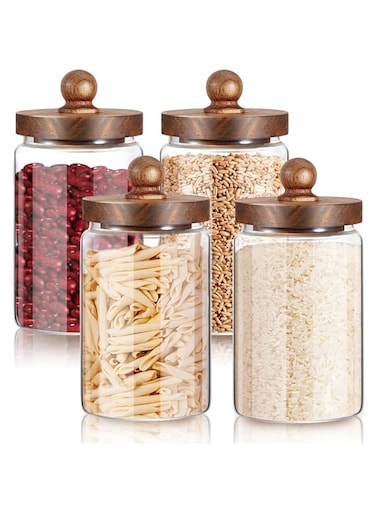 Gerrii 4 Pcs Glass Food Storage Jar with Acacia Wood Lids, 32 oz Airtight Sealed Clear Glass Canisters Air Tight Glass Container Jar for Coffee Beans Nuts Loose Leaf Tea Sugar Spice Candy Rice Pasta
