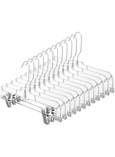 MAKINGTEC 12 Pack 14 inch Clear Plastic Skirt Hangers with Adjustable Clips, Pants Hangers 360-Rotating Swivel Hook, Clip Hangers for Pants, Trousers, Skirts, Jeans, Bulk Plastic Hangers with Clips