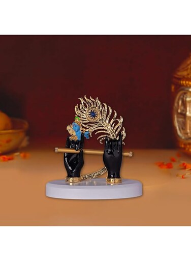 ZAARIYA Gold Plated Divine Krishna Hands Idol with Flute &amp; Radha Krishna Face Showpiece for Hindu Home Decor, Car Dashboard &amp; Gifting (Black) - 4.5 x 4.5 x 2.5 Inches