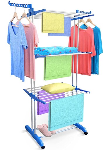 tier fordable powder coat dryer rack with wheels (blue)