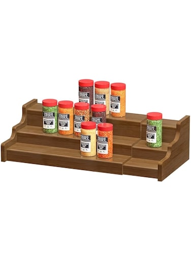 Bamboo Spice Rack Cabinet Organizer - 3 Tier Wooden Expandable Walnut Display Shelf