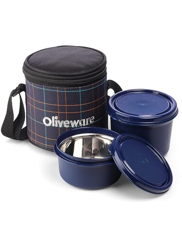 SOPL-OLIVEWARE Cleo Microwave Safe Leak Proof 2 Stainless Steel Full Meal Containers with Insulated Fabric Bag (Blue)