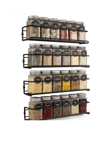 4-Piece Wall Mount Spice Rack Set - Space-Saving Hanging Spice Organizers for Kitchen Pantry Door - Black Seasoning Storage Shelf