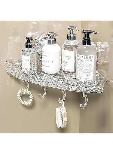 Tazweeq Corner Shower Caddy, Removable Suction Cup Shower Shelf, Bathroom Shower Organiser with Adhesive, with 4 Hooks (Clear)