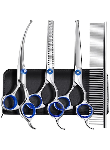 SWIUKPHE Heavy Duty Titanium Coated Stainless steel Dog Grooming Scissors Tools - Thinning, Straight, Curved Shears with Combs - Perfect Trimmer Kit for Long &amp; Short Hair, Fur for Cat and More Pets