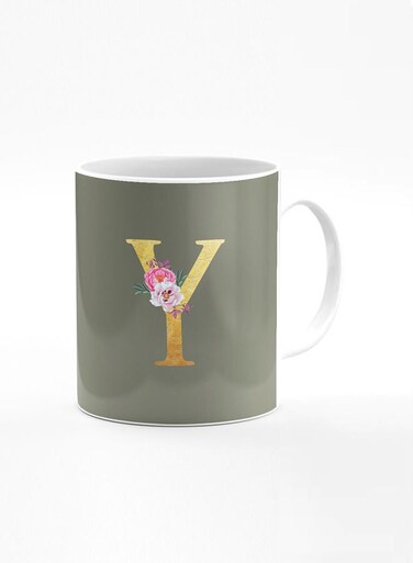 Designer Printed Coffee Mug 11oz Ceramic Personalised Gift Mugs Cup -Custom Monogram Initial Letter Floral Pattern Alphabet - Y (Olive Green)