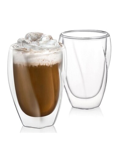 Set of 2- 350ML Borosilicate Double Wall Twisted Fashioned Glass Cups for Coffee, Tea, Juice, Cocktail etc