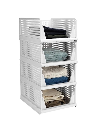 Moonmen 4Pack Folding Wardrobe Storage Box Plastic Drawer Organizer Stackable Shelf Baskets Cloth Closet Container Bin Cube Home Office Bedroom Laundry Pull Out Drawer Dividers (White)