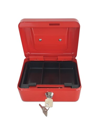 Maxi Small Cash Box (6 Inch 152x115x80mm) Steel Register with Tray and Lock Durable Portable Money Box Safe for Bills Jewelry Receipts Coins Red