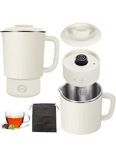 Necomi 4 in 1 Electric Kettle,0.8L Portable Kettle with Two Temperature Modes for Cooking, Tea, Eggs,5Mins Fast Boiling,600W Stainless Steel Kettle with Detachable Base for Camping, Travel,and Office