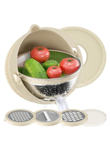 4-1 Colander with Mixing Bowl Set, Food Strainers and Colanders Set for Kitchen, Pasta Rice Strainer, Fruit and Veggie Washer, Salad Spinner, Kitchen Essentials Strainer Basket Bowl,Beige