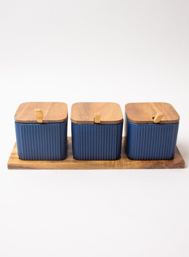 Pear 3-Piece Ceramic Jar Set with Wooden Lid &amp; Spoons - Kitchen Storage