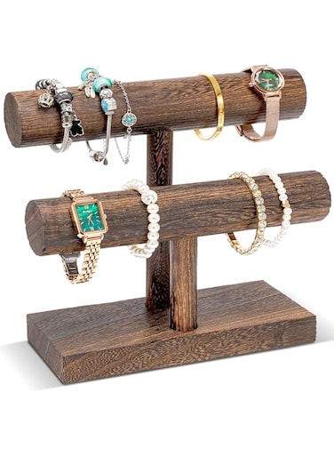 ProCase 2 Tiers Wooden Bracelet Display Organizer Tower, Natural Wood Vintage Bracelet Bangle Wrist Watch Jewelry Accessory Holder Storage Rack for Selling -Brown